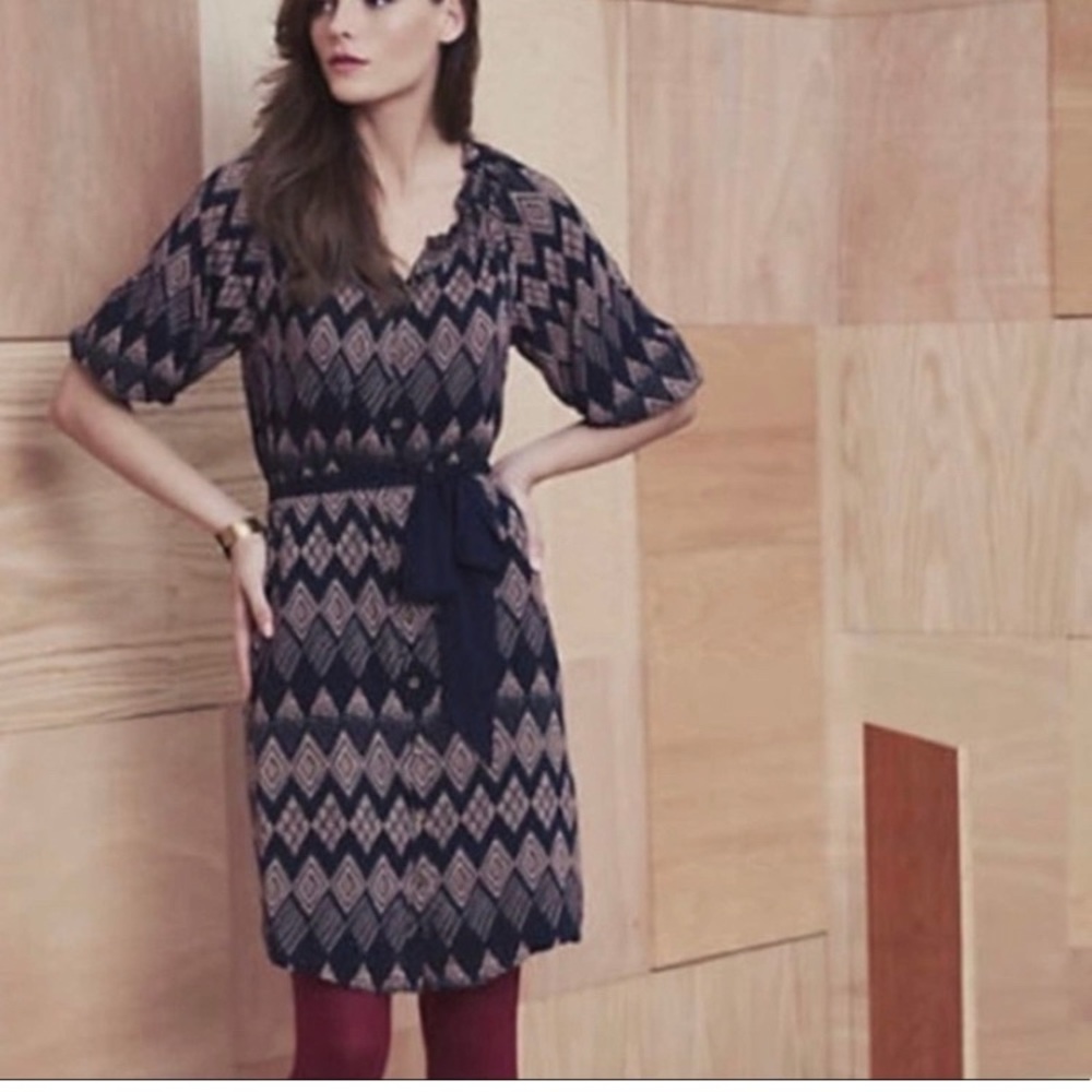 Anthropologie Edme & Esyllte tunic dress, navy & beige boho pattern, size 10